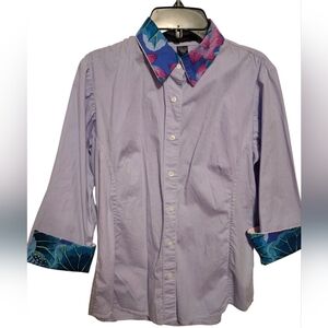 Pearly Vine Purple Shirt W/ Tropic Collar Button Up 3/4 Length Sleeve Small